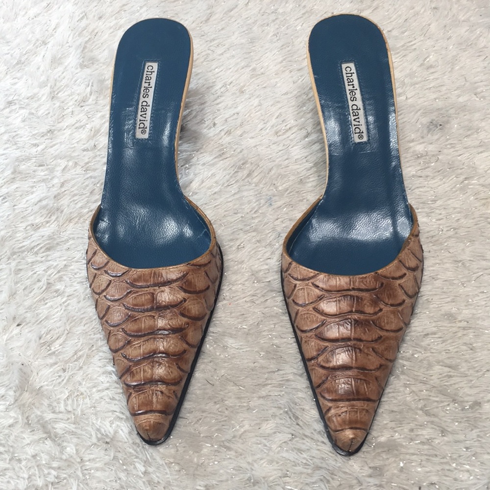 Vintage mule tan pointed toe reptile - Picture 3 of 12